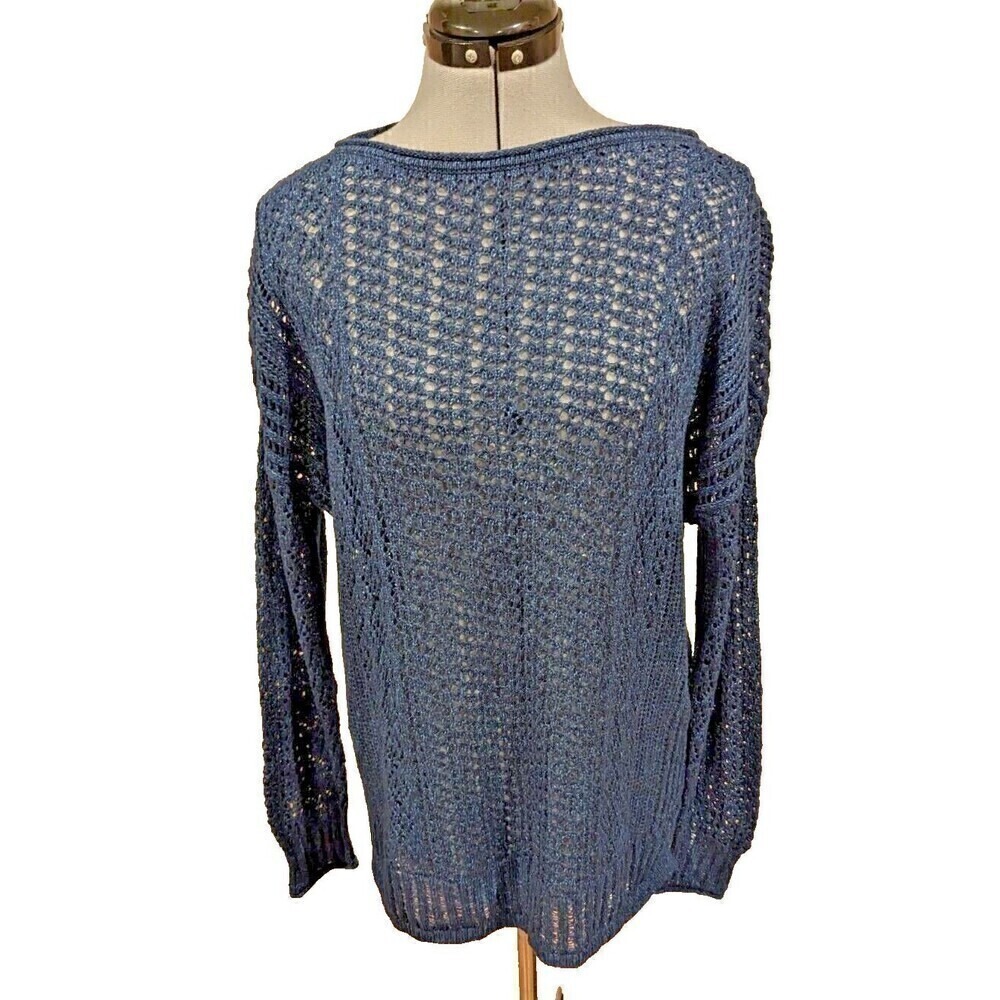 Chicos Navy Blue Open Knit Sweater Boat Neck Pullover Size 2 L Chic 90s Boho